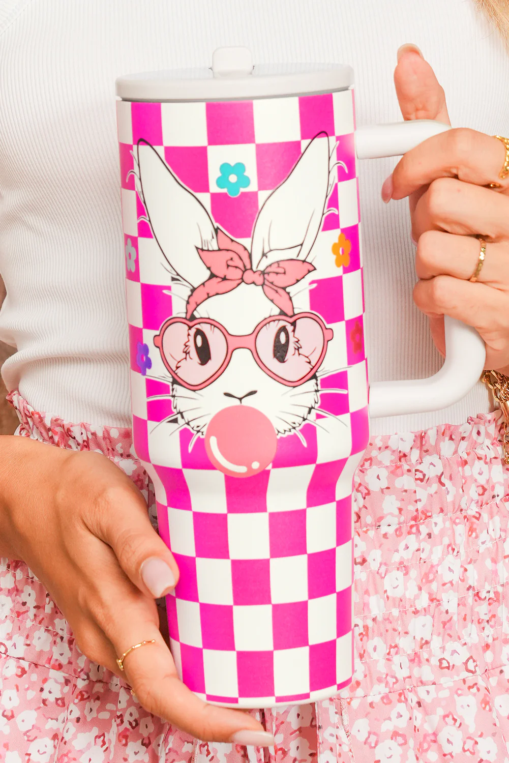 Rose Red Easter Rabbit Flower Checkered Print Large Tumbler 40oz