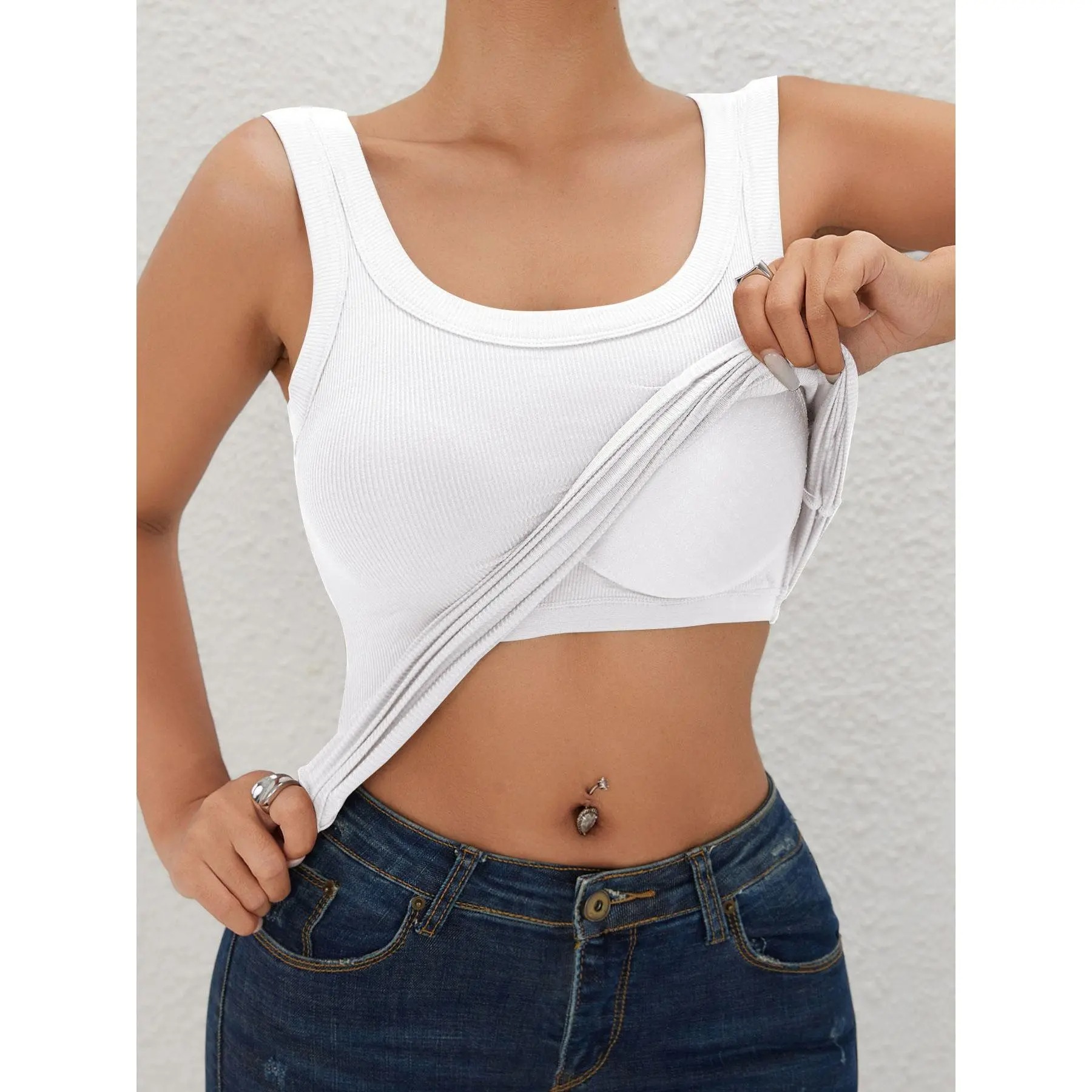 Women's Ribbed Scoop Neck Sports Tank with Built-in Bra