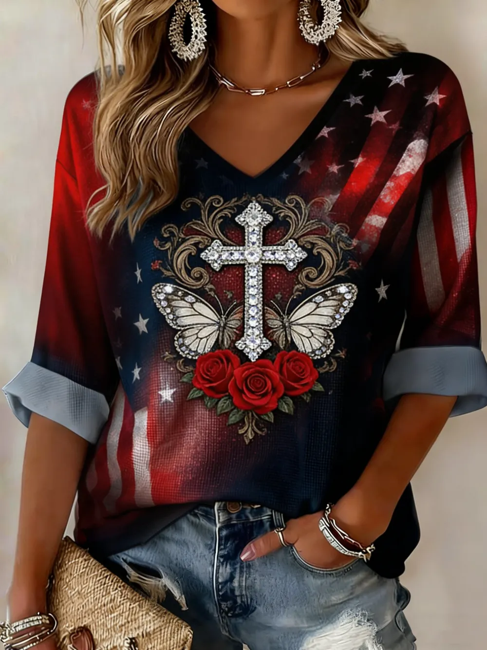 Women's American Faith Cross Rose Printed Texture T-shirt