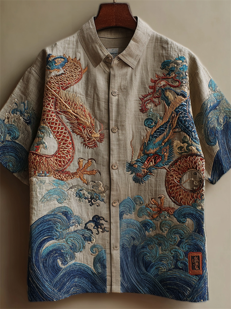 Japanese Dragons & Sea Waves Embroidered Linen Shirt