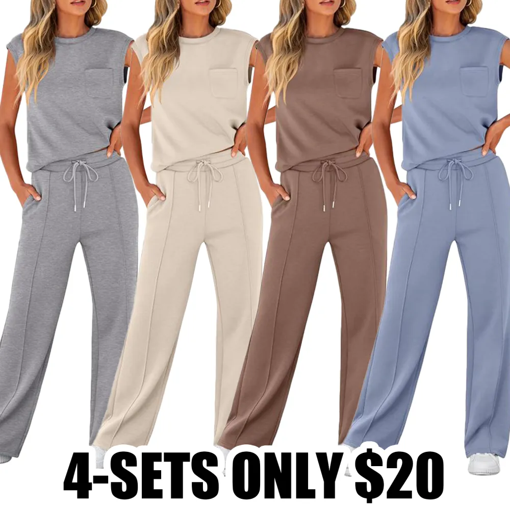 Women's 2 Piece Sleeveless Lounge Set – Casual Summer Tracksuit with Wide Leg Pants, Comfy Matching Outfit for Vacation & Everyday Wear