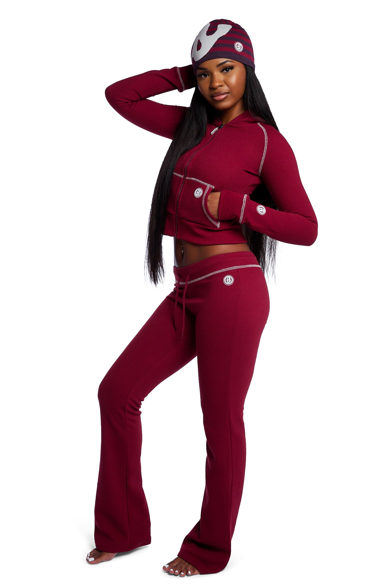 WAFFLE KNIT BOOT CUT PANTS (MAROON/SLATE)