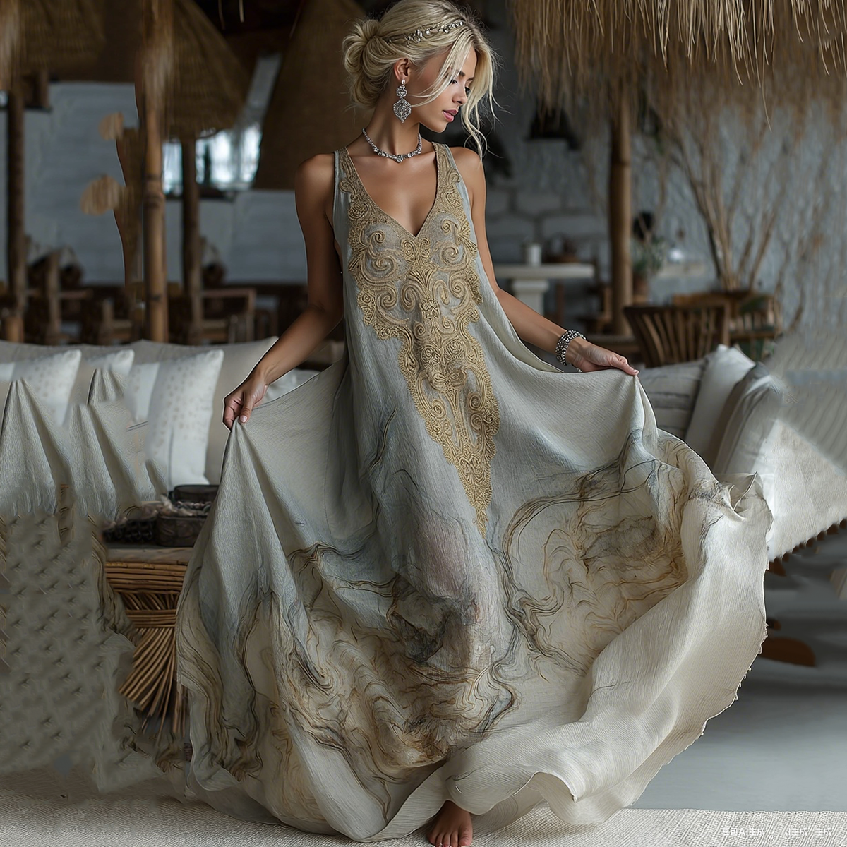 Vintage Marble Texture Collection Retro Bohemia Women Style Gradient Gilded Pattern Linen Maxi Dress