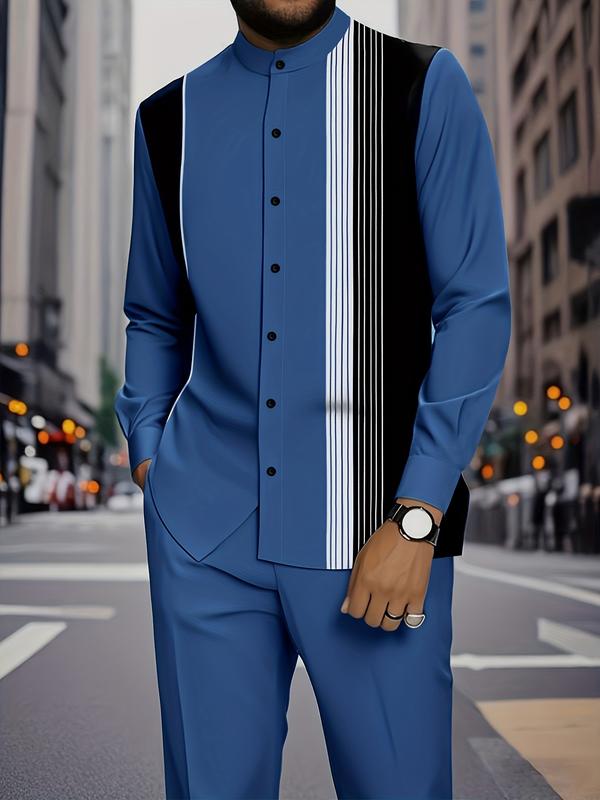 Men’s Black & White Stripe Button-Up Shirt and Drawstring Pants 2-Piece Set