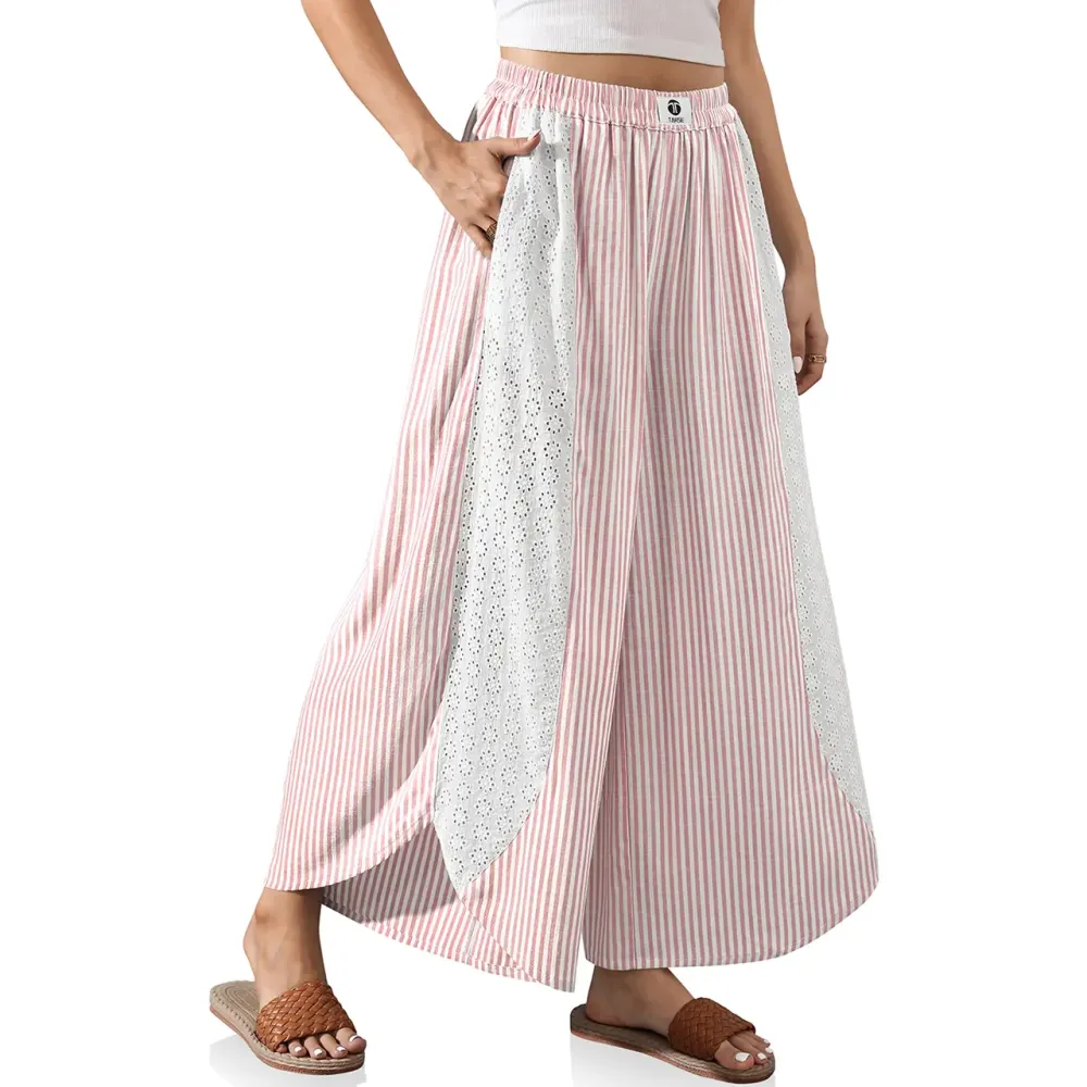 Women’s Boho Striped Wide Leg Palazzo Pants with Lace Panel