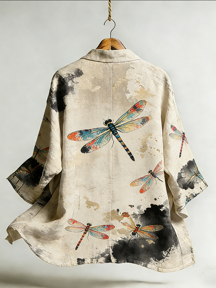 Japanese Art Style Color Dyed Dragonfly Elegant Cardigan