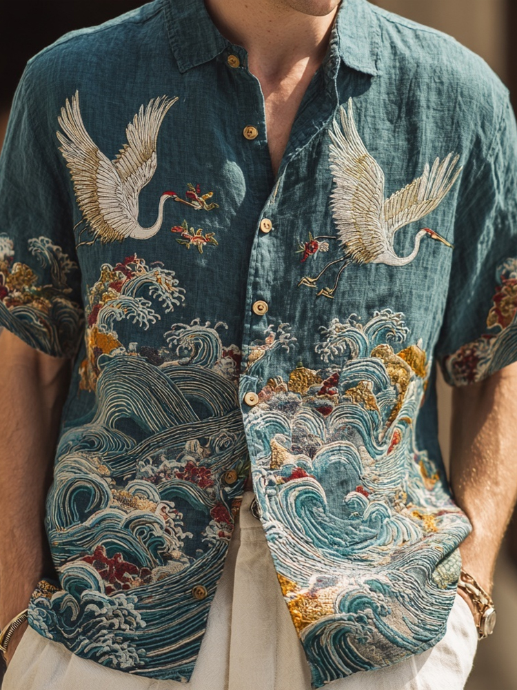 Men's Japanese Waves & Cranes Embroidered Comfy Linen Shirt