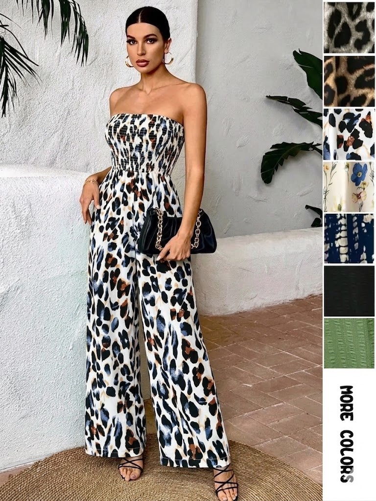 Women's Leopard Print Shirred Wide Leg Jumpsuit