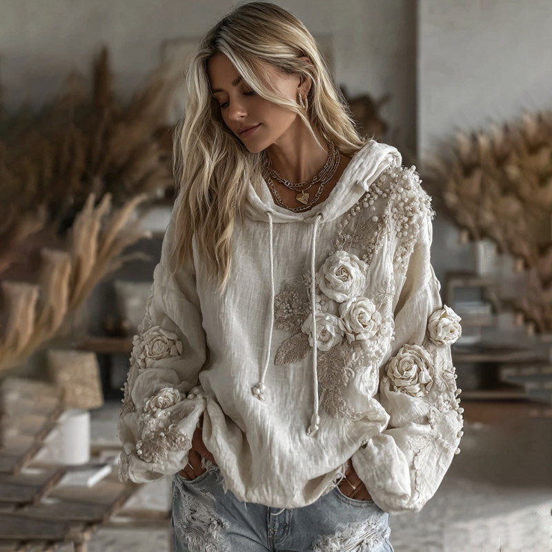 Women's Vintage White Floral Art Casual Warm Hoodie