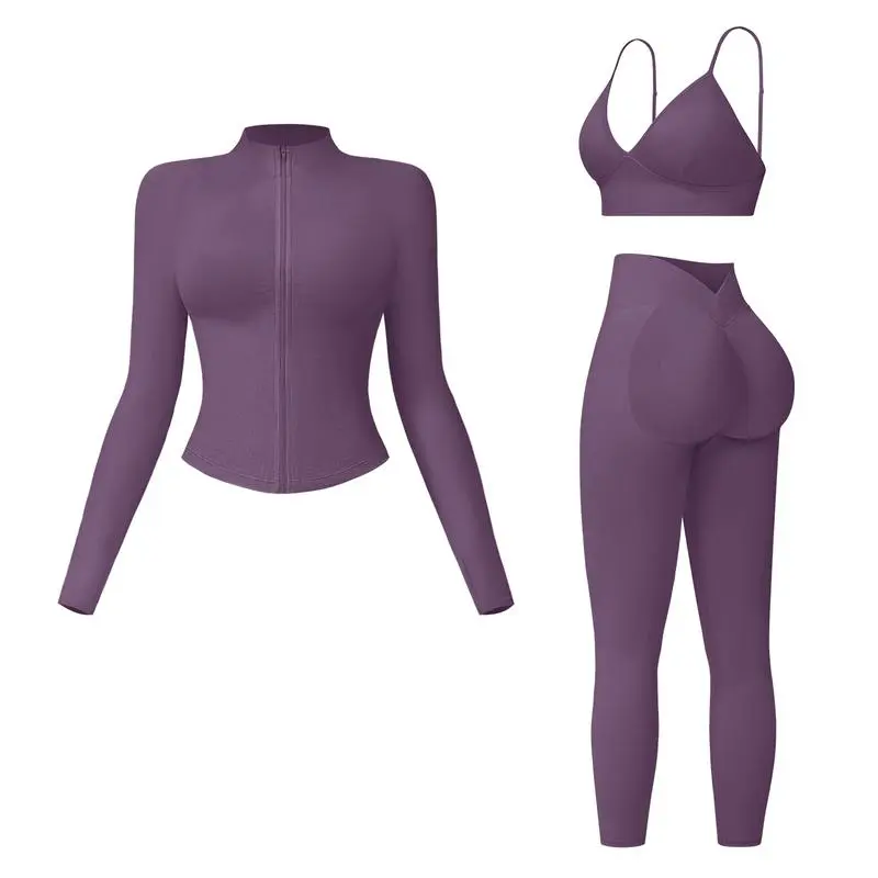 Women's tank top, high-waisted leggings, and zip-up jacket 3-piece sportswear set.