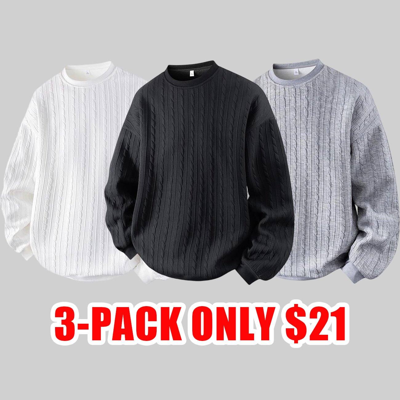 Men’s Cable Knit Crewneck Long Sleeve T-Shirt, Loose Fit, Solid Color, S–5XL