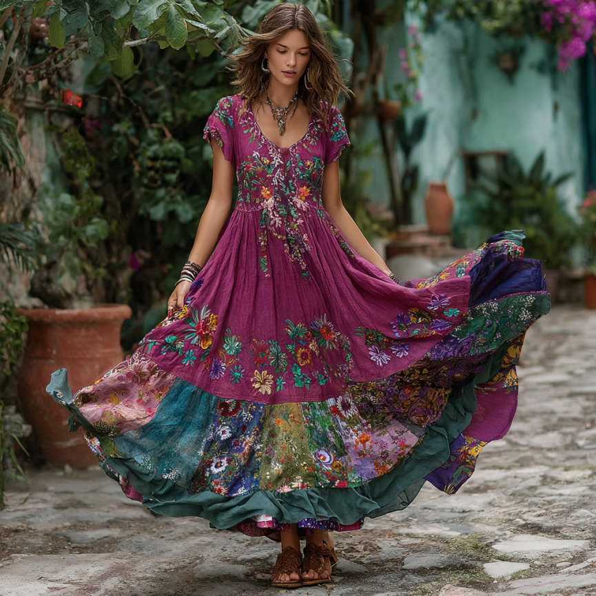 Women's Retro Flower Embroidery Patchwork Art Short Sleeve Maxi Dress