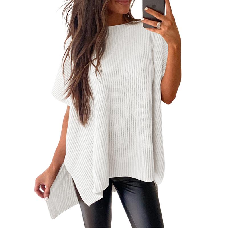 Women’s Oversized Ribbed Knit Top – Crew Neck Short Sleeve Pullover with Side Slit