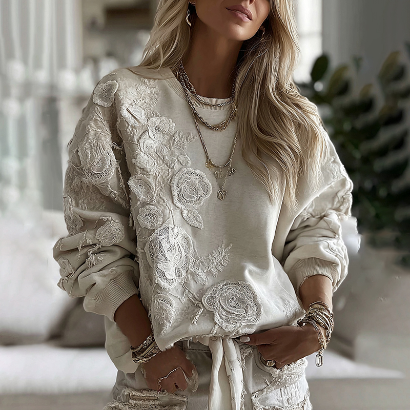 Women's Retro Floral Lace Patchwork Art Cozy Crew Neck Sweatshirt