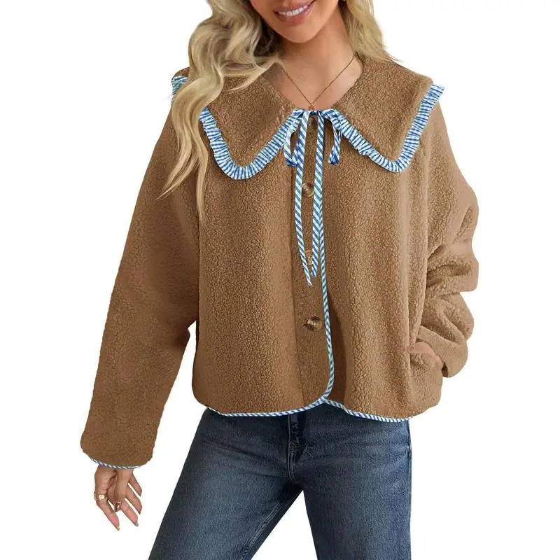 Womens Fuzzy Fleece Jacket Peter Pan Collar Button Down Fall Winter Sherpa Coats