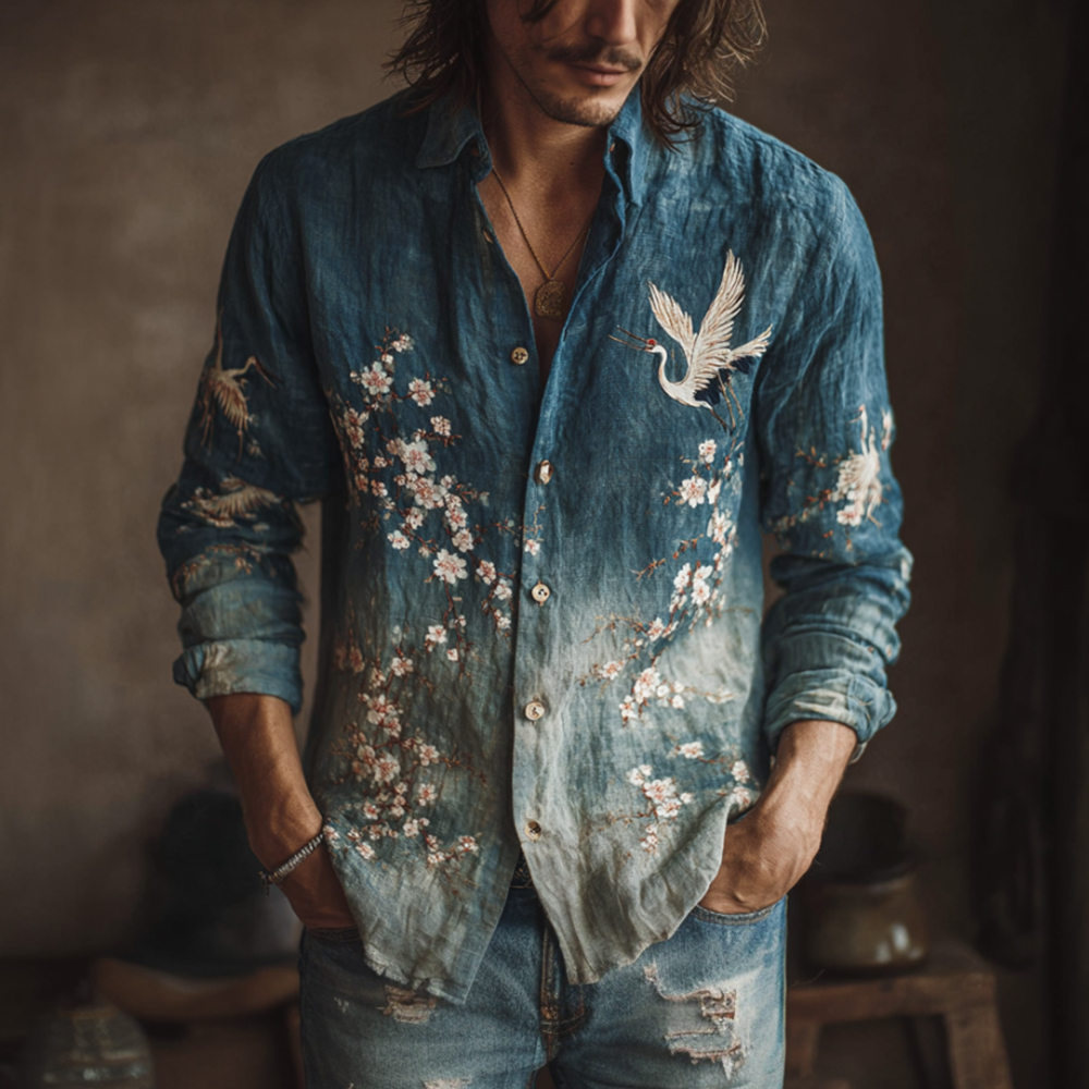 Japanese Style Crane And Cherry Blossom Tree Gradient Pattern Men's Linen Long Sleeve Shirt