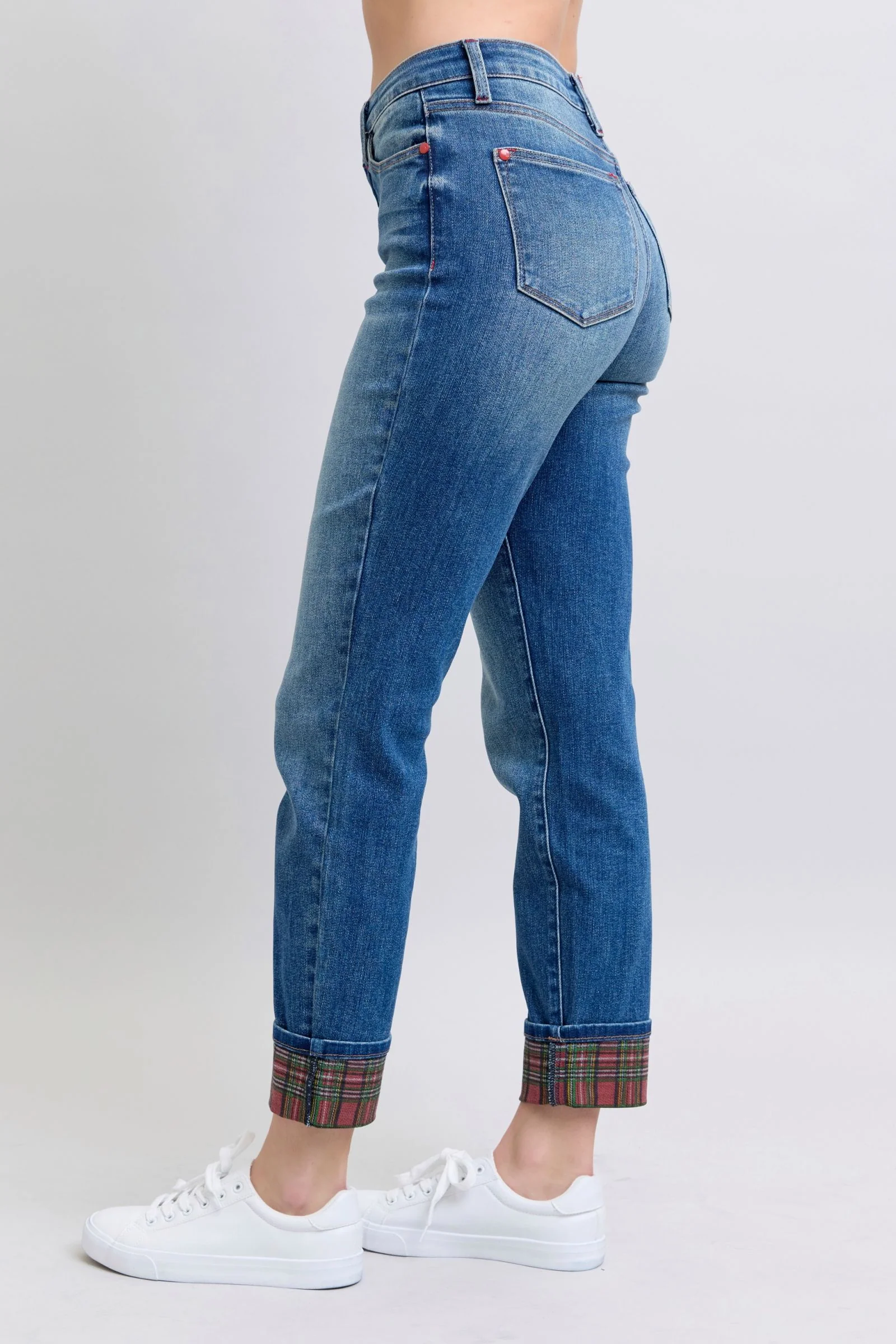 Blue Full Size Plaid Print Cuff Straight Leg Jeans with Pockets