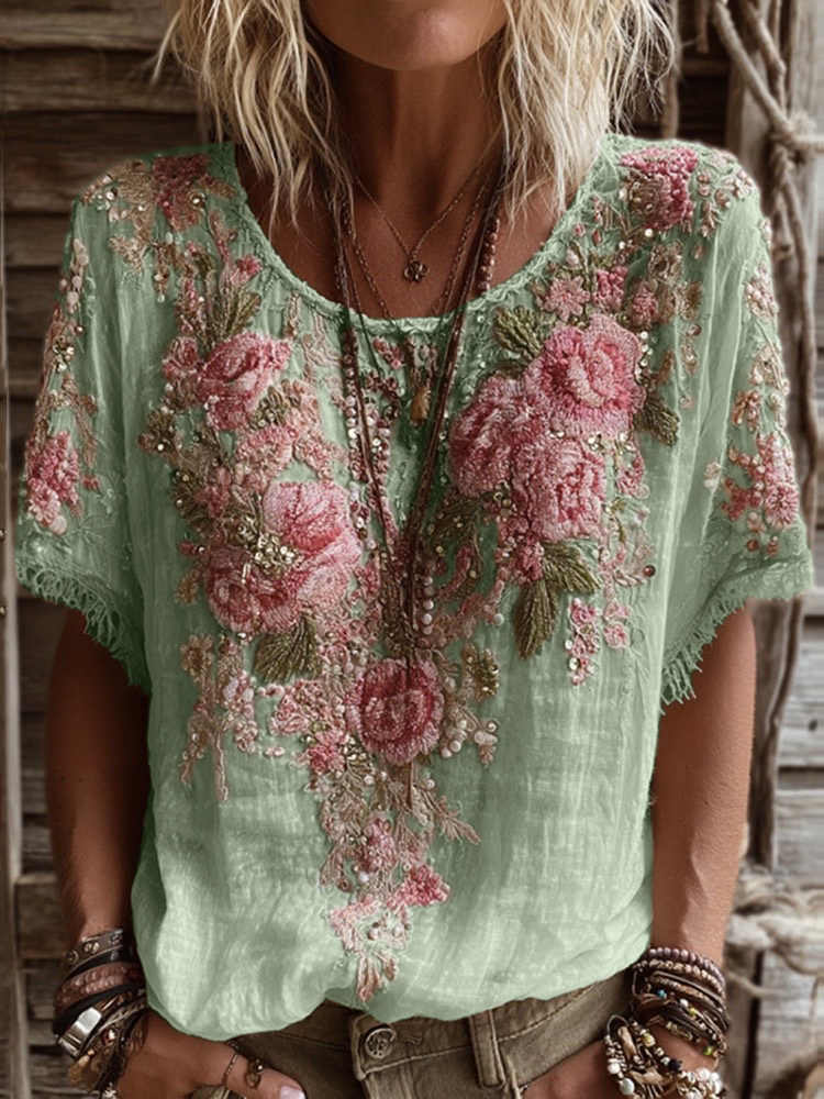 Women's Pink Rose Embroidery Art Round Neck Short Sleeve Linen Blend T-shirt