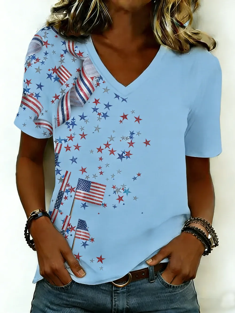 Casual Star V Neck Short Sleeve T-shirt