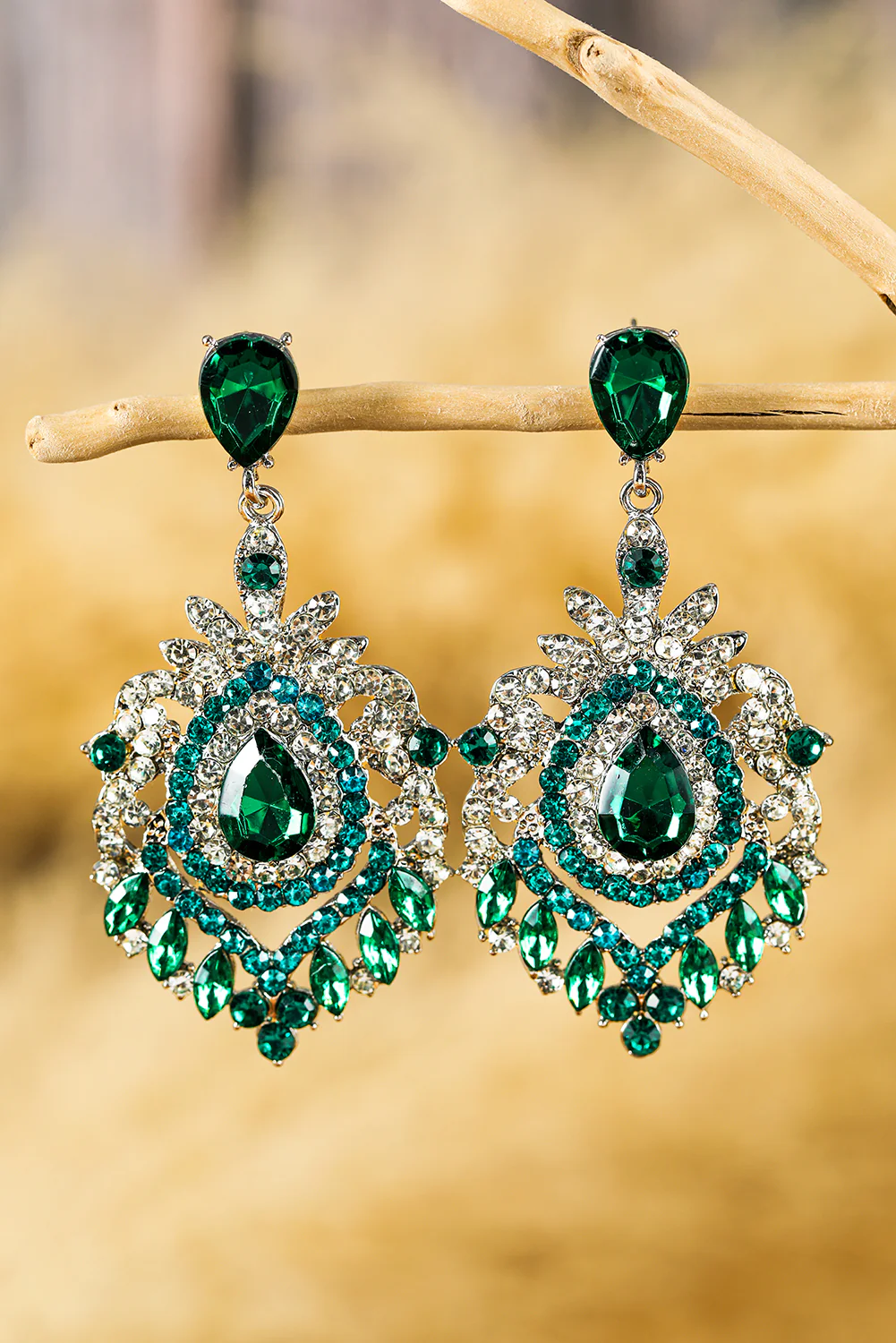 Sea Green Vintage Rhinestone Decor Chandelier Drop Earrings