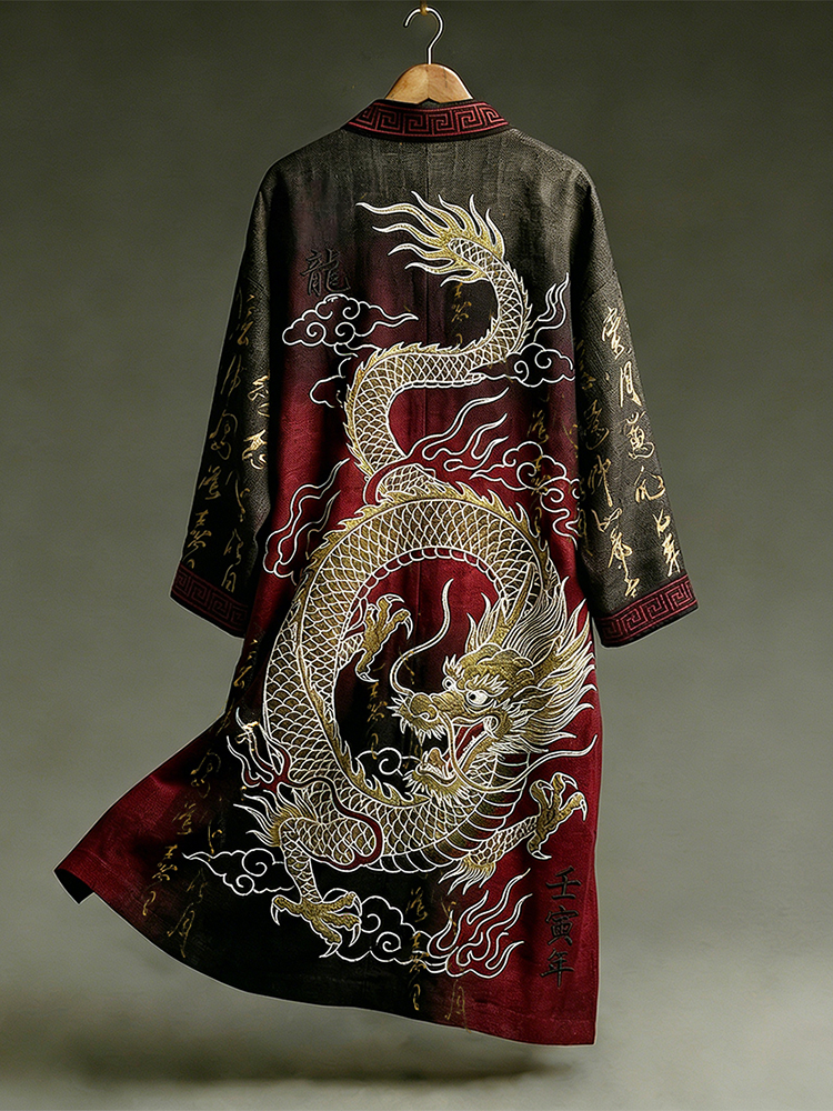Retro Dragon With Calligraphy Pattern Contrast Color Design Casual Kimono