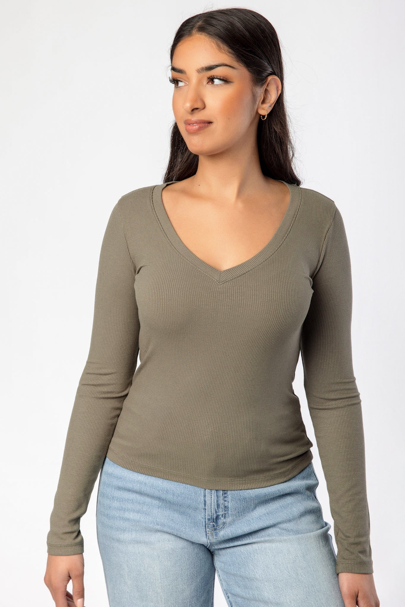 Ribbed V-Neck Long-Sleeve Tee