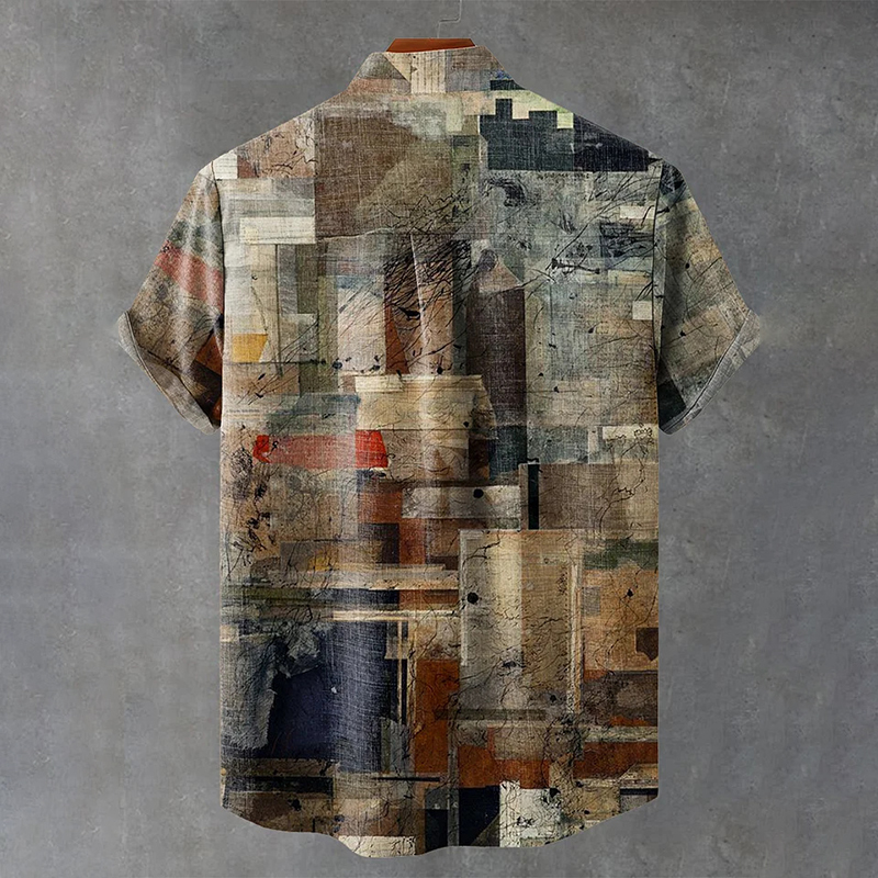 Men's Retro Distressed Texture Art Print Cotton And Linen Shirt
