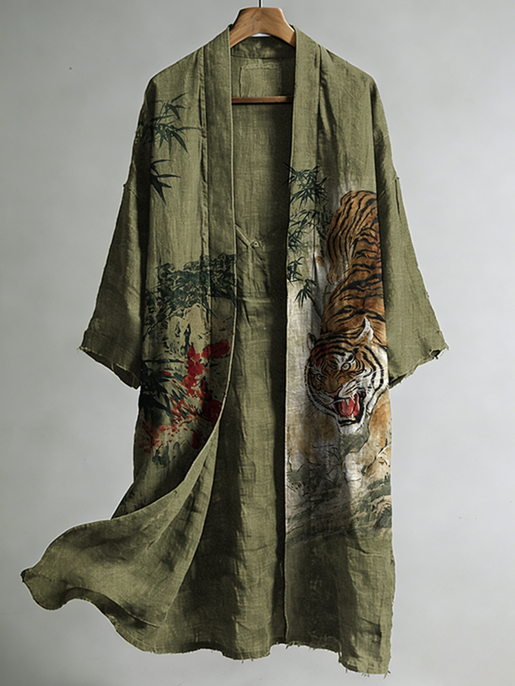 Men's Vintage Bamboo & Tiger Japanese Art Print  Linen Long Kimono