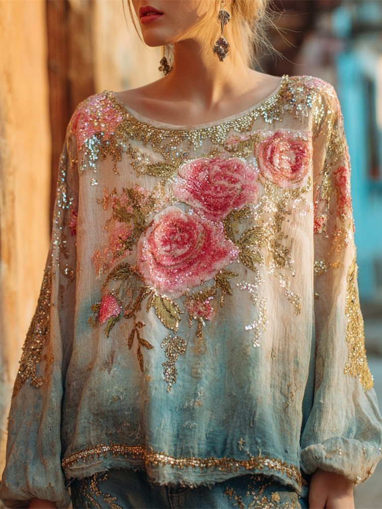 Boho Vintage Sequin Floral Embroidery Gradient Women's Linen Shirt