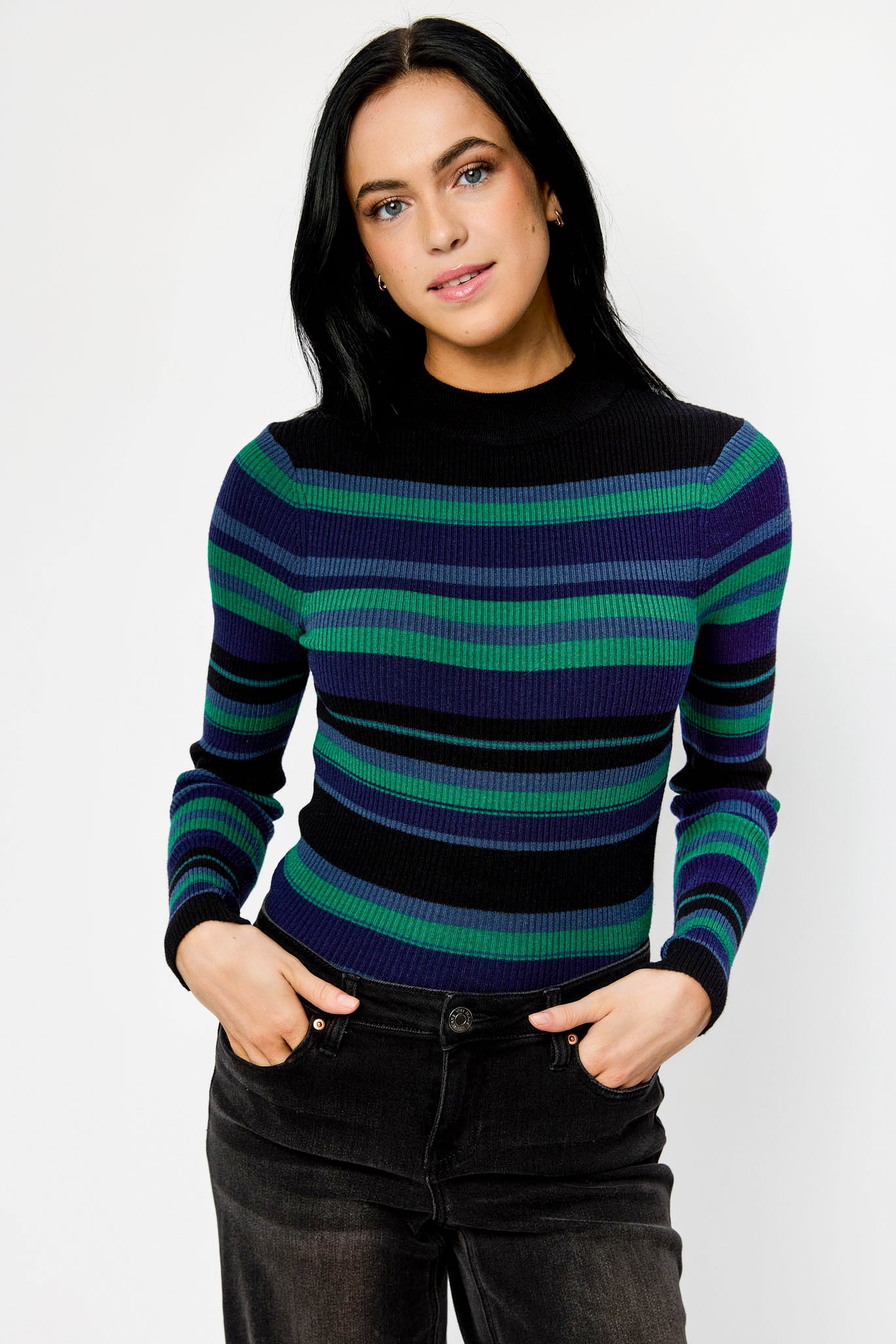 Striped Long-Sleeve Mockneck Ribbed Top