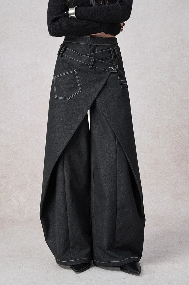 Swinging Symphony Fake Two-Piece Wide-Leg Jeans