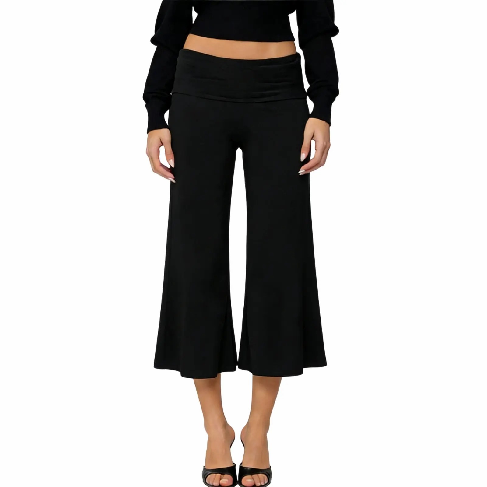 Casual Wide-Leg Culottes for Women - Fold-Over Waist Cropped Pants