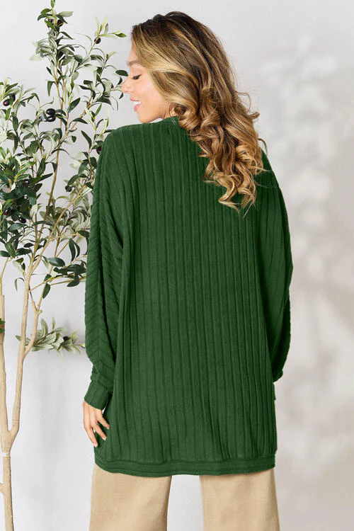 Full Size Ribbed Open Front Long Sleeve Cardigan