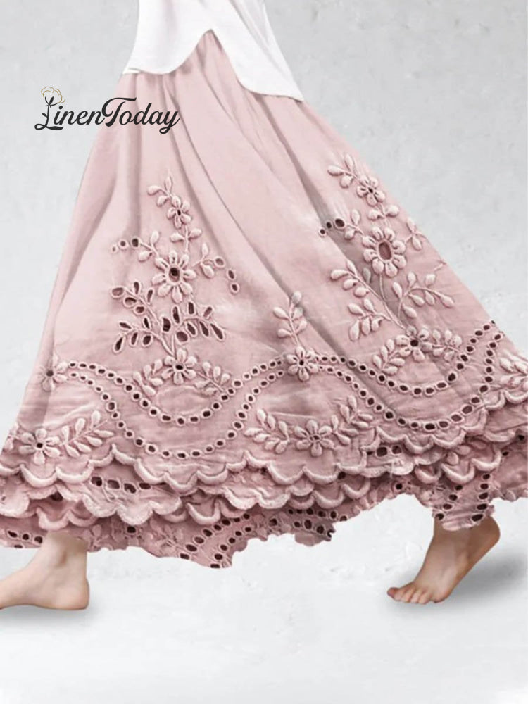 Women's Vintage Floral Art Pattern Solid Color Loose Elegant 3D Printed Cotton And Linen Skirt