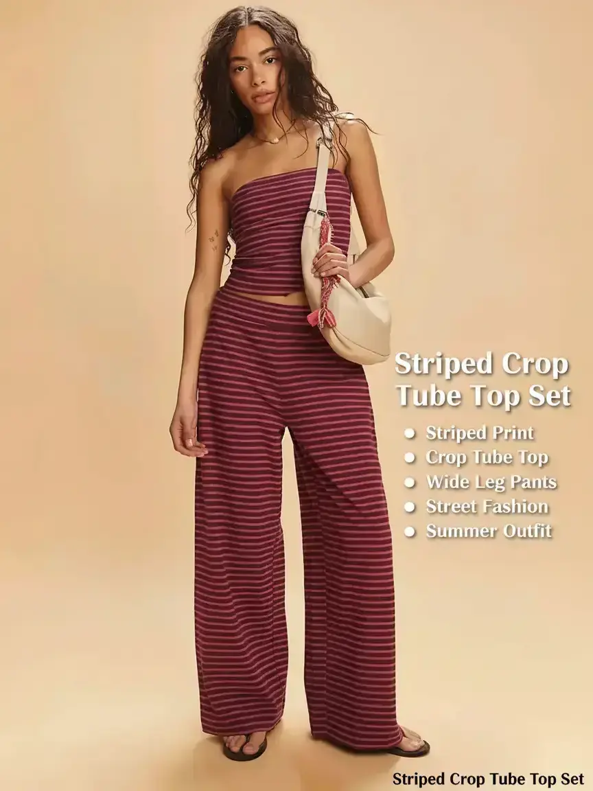 Women's Striped Print Crop Tube Top & Wide Leg Pants Set