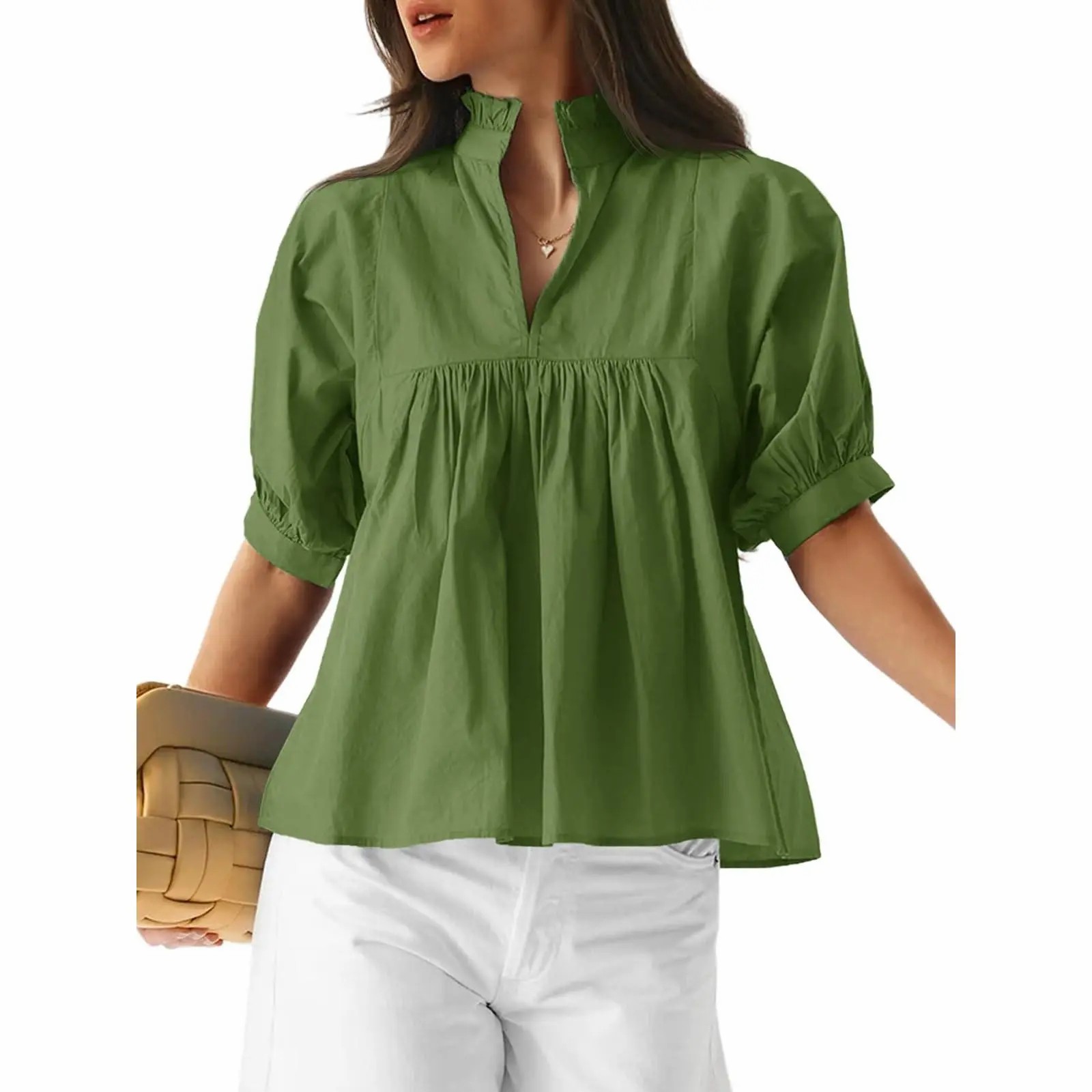 Womens V Neck Puff Sleeve Blouse Babydoll Peplum Tops Dressy Casual Pleated Loose Fit Shirts