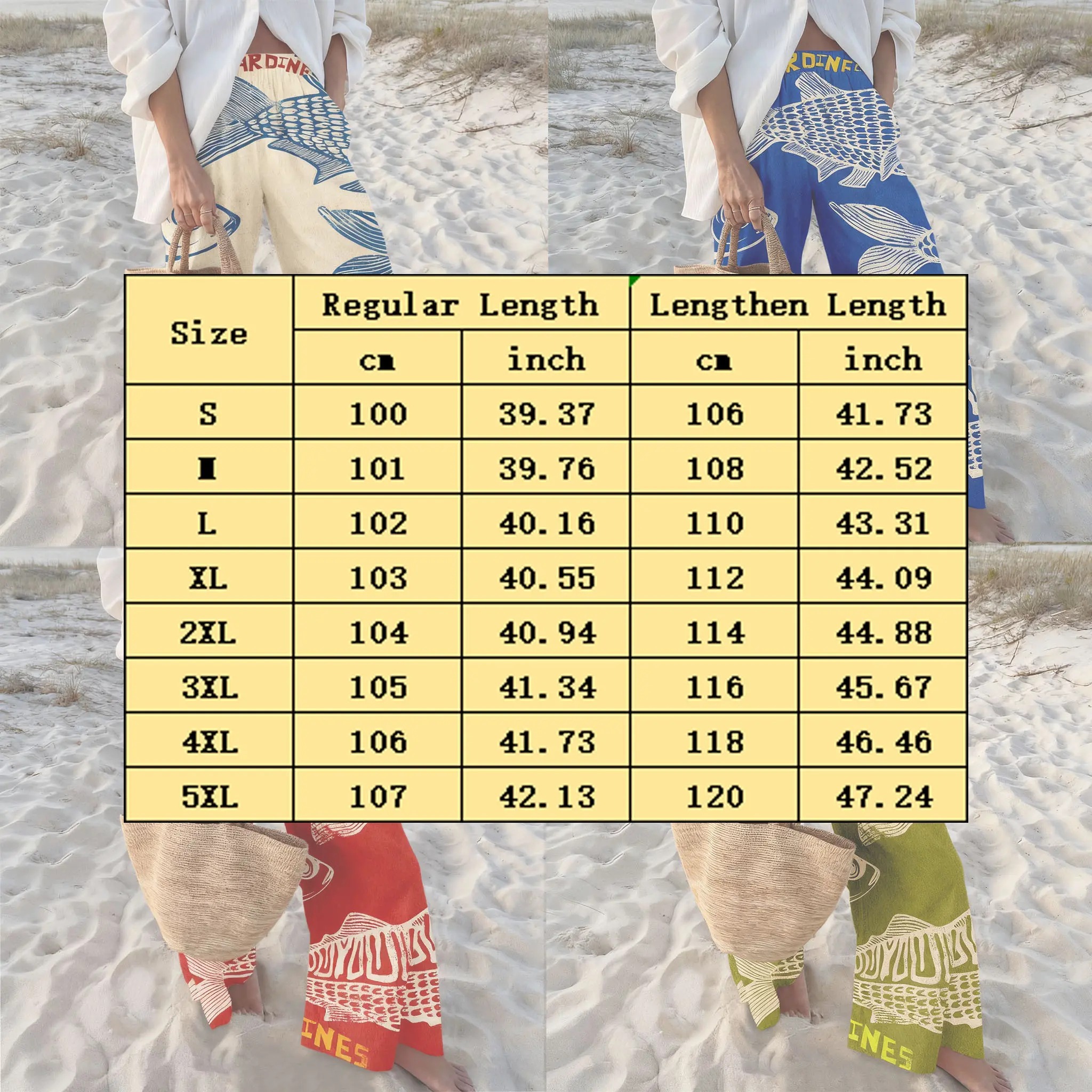 Women's Retro Nautical-Style Sardine Print Wide-Leg Pants with Contrasting Painted Loose and Comfortable