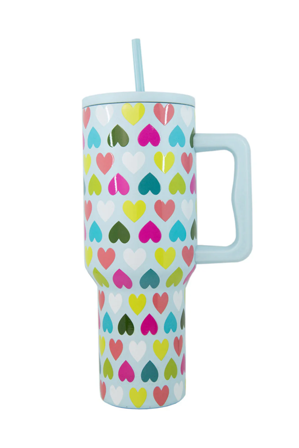 Beau Blue Heart Shape Print Handle Large Vacuum Cup 40oz