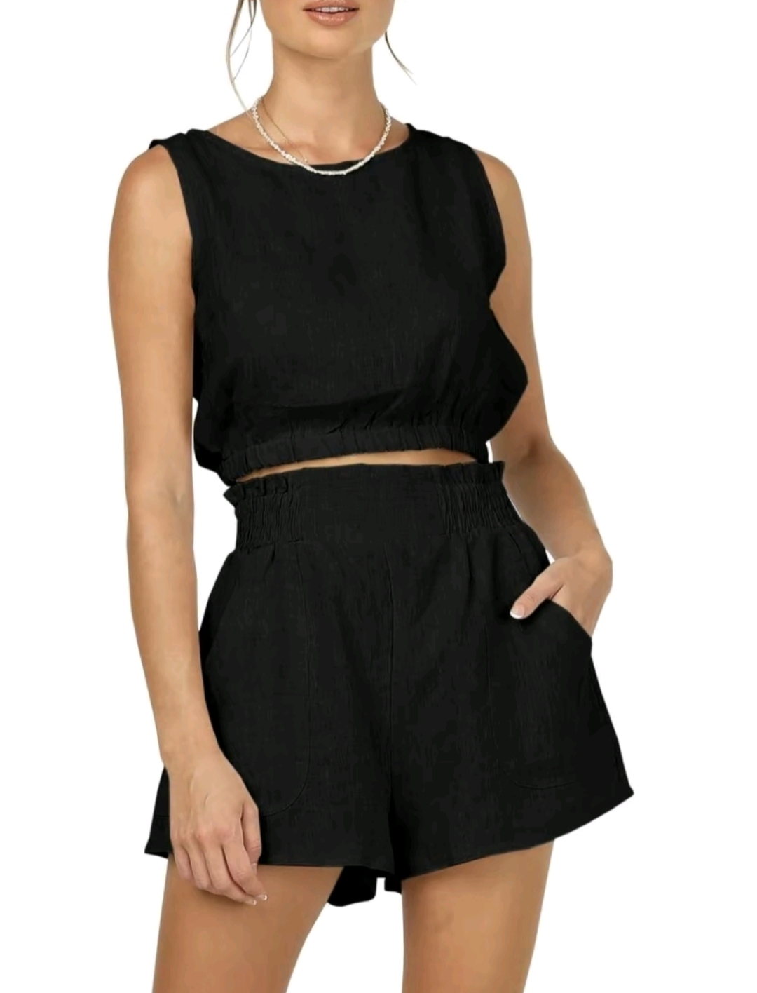 FISOEW Women's 2pcs Summer OutfitsSleeveless Crop Tank Top and High WaistPocketed Shorts Loose 2 Piece Short SetsClothes Suit 2 piece sets women CasualWomenswear Shirts Vest Cropped Breathable