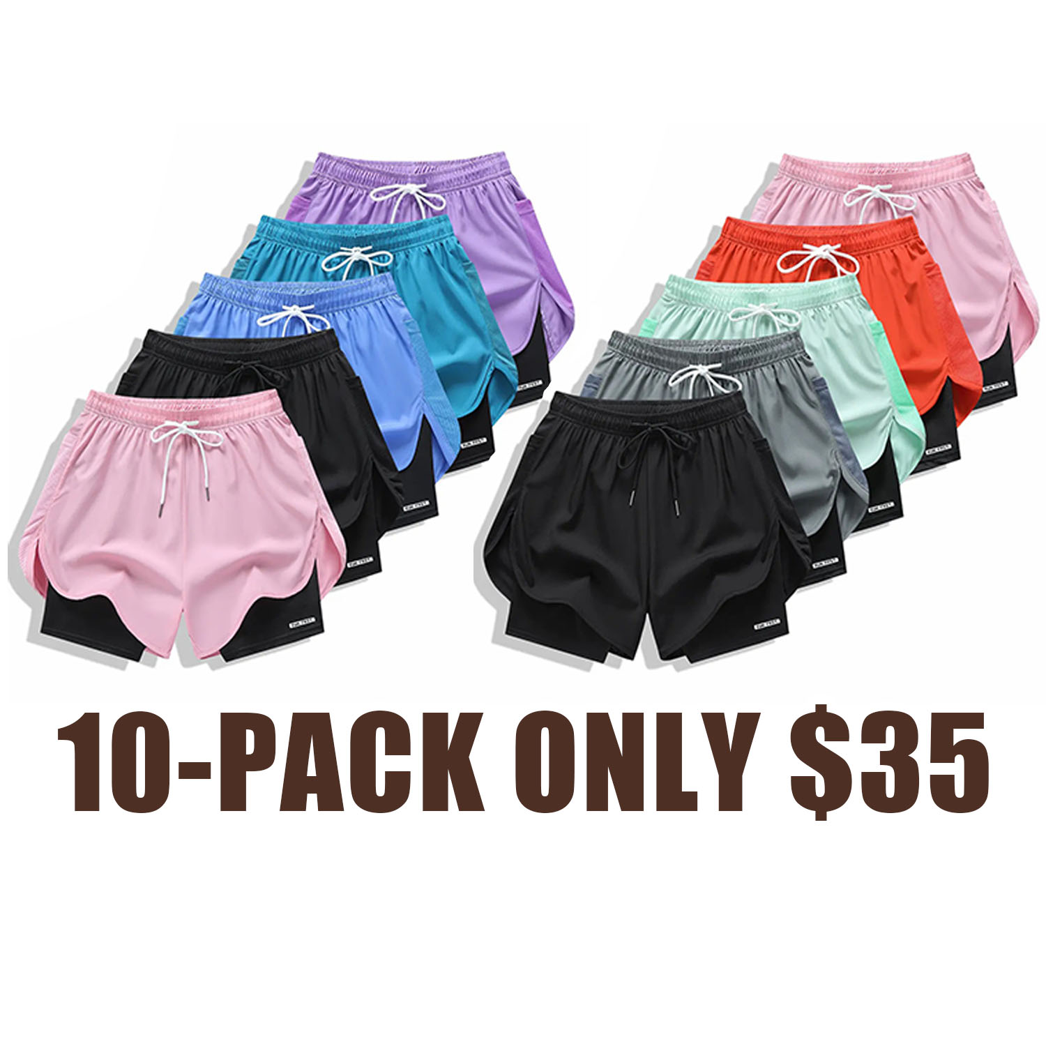 Pack of 5 women’s casual athletic shorts, solid color, faux two-piece design with built-in liner, elastic drawstring waistband, suitable for outdoor fitness, running, sports, and casual wear; women’s shorts