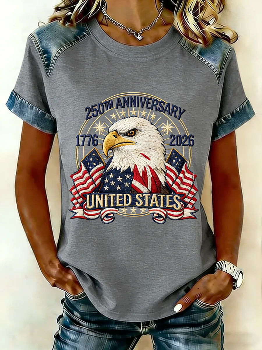 250th Anniversary United States Eagle Flag Embroidered Denim Raglan T-Shirt