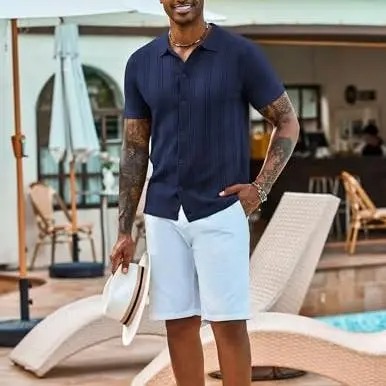 Men's Knit Shirts Short Sleeve Casual Button Down Polo Shirt Summer Beach Vacation Shirts Outfit Top