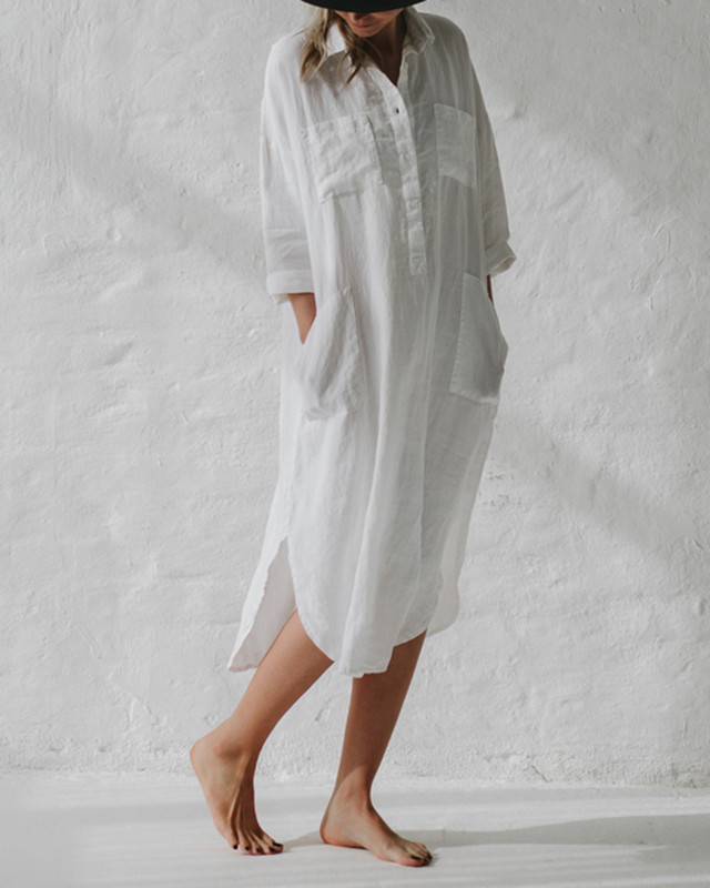 Casual Loose Cotton and Linen Shirt Dress 2056