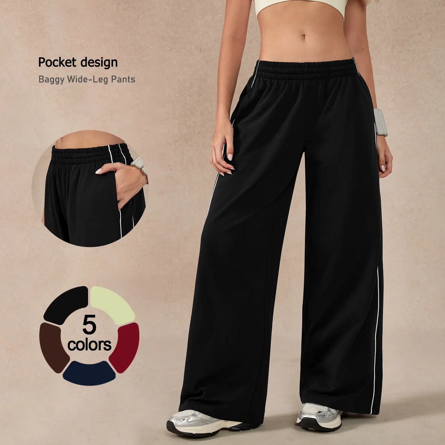 Women's Baggy Wide-Leg Pants – Pocket Design, Elastic Waist & Side Trim for Securely Holding Small Items & Comfortable Relaxed Fit