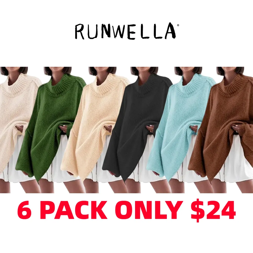 ✨Womens Oversized Mock Neck Batwing Long Sleeve Ribbed Knit Casual Tunic Sweater🔥