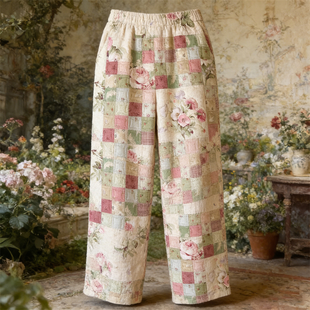 Boho Floral Patchwork Pattern Vintage Women's Linen Trousers