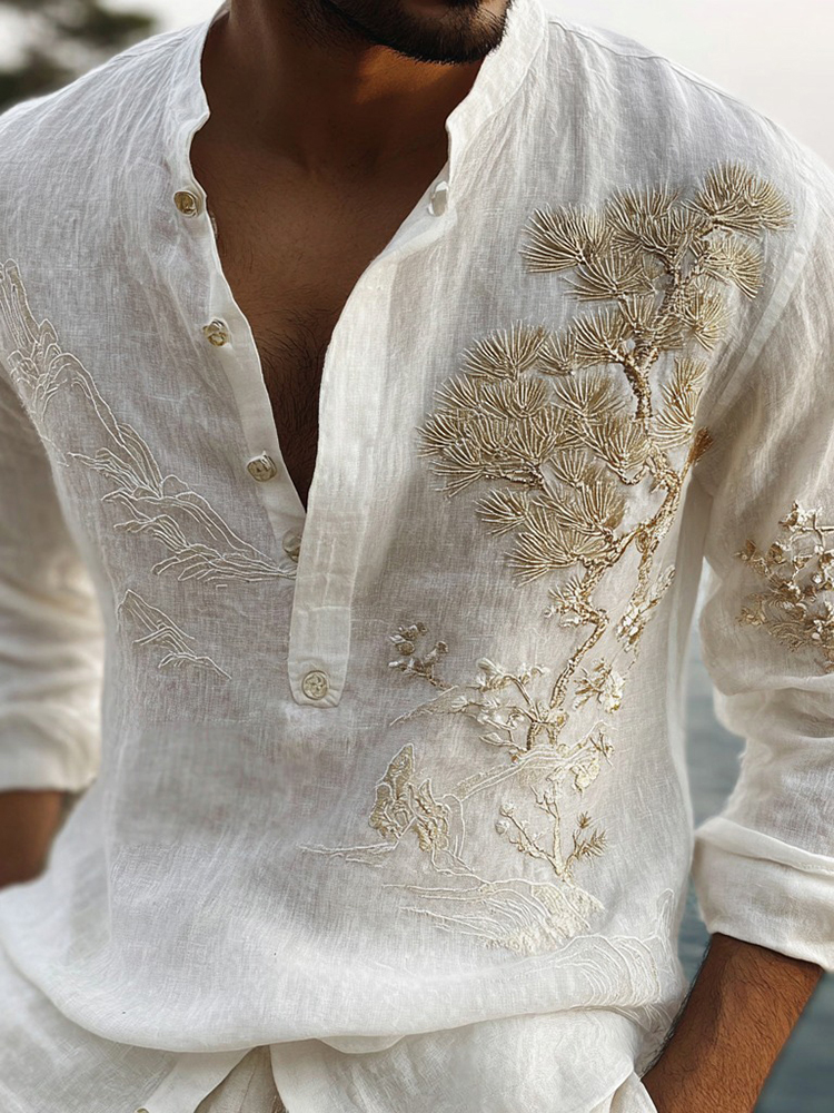 Men's Japanese Cherry Blossom And Pine Tree Casual Linen Shirt