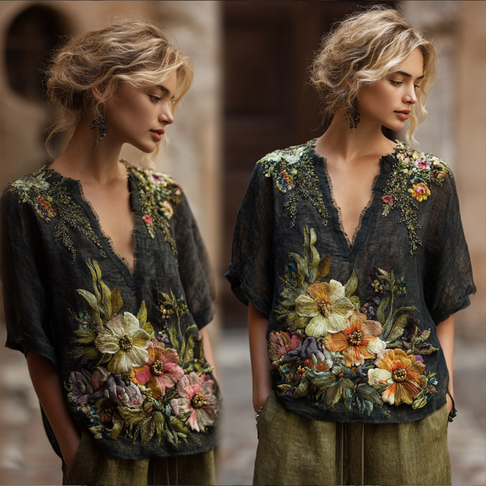 Bohemian Style Three-dimensional Flower Sequin Embroidery Vintage Black V-neck Short Sleeve