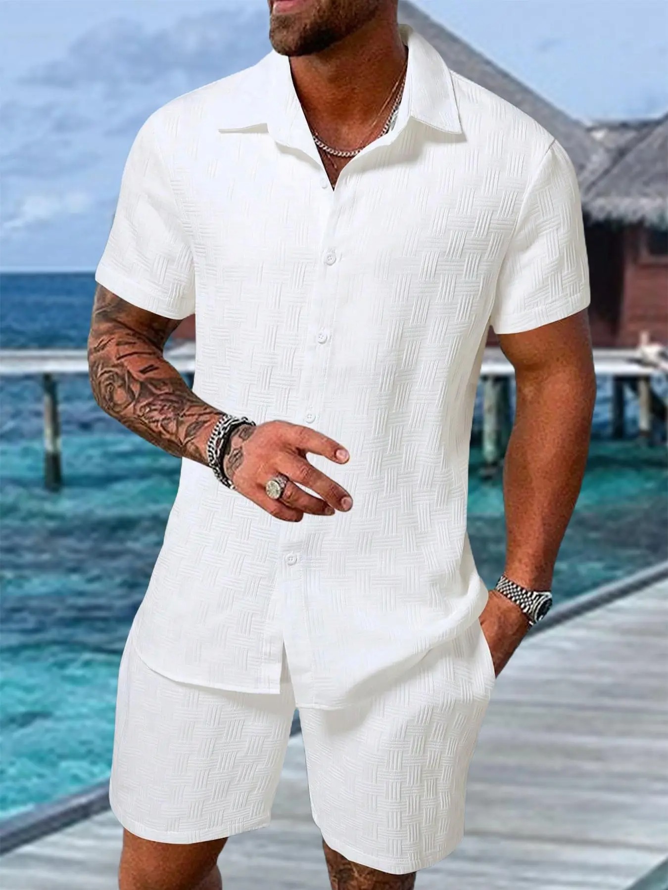 Men's Regular Fit Short Sleeve Pajama Two-piece Set Summer Sleepwear