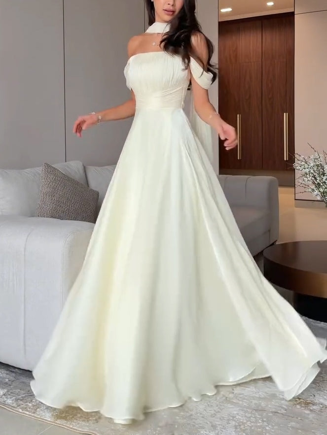 Cream Ribbon Off-shoulder Pleated Maxi Dress